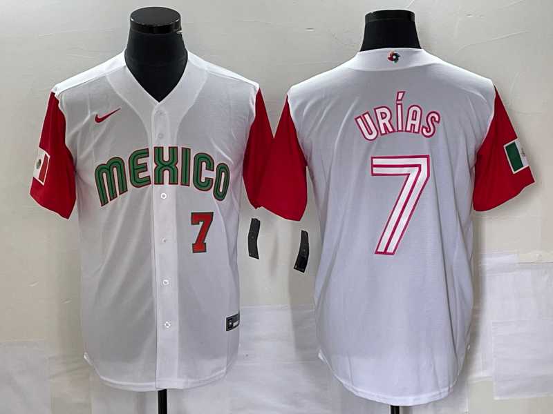Mens Mexico Baseball #7 Julio Urias Number 2023 White Red World Classic Stitched Jersey42